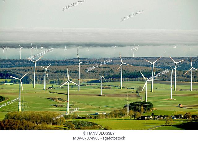 windmill-powered plants Brilon near Thülen, aerial view of Brilon, Sauerland