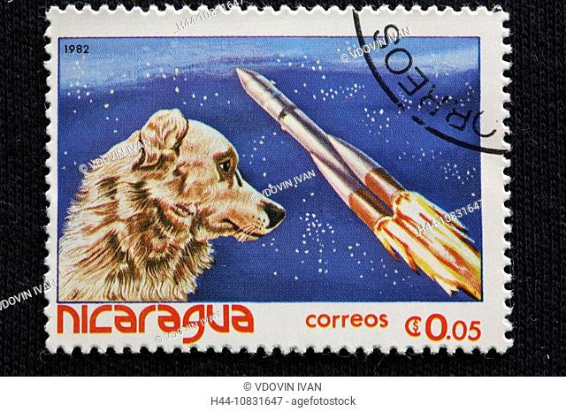 Exploring of space, postage stamp, Nicaragua, 1982, Nicaragua, Exploring of space, Astronaut, cosmos, space, Expeditio