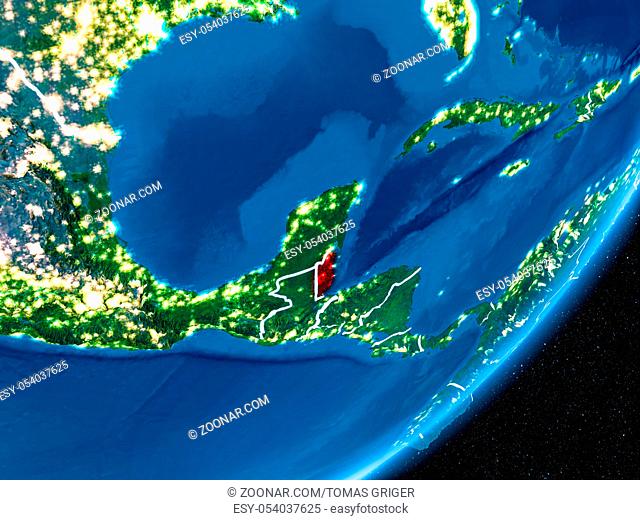 Belize in red on planet Earth at night with visible borderlines and city lights. 3D illustration. Elements of this image furnished by NASA