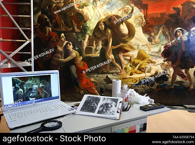 RUSSIA, ST PETERSBURG - DECEMBER 21, 2023: A fragment of the canvas is seen give a press briefing on the start of restoration of Karl Bryullov's history...