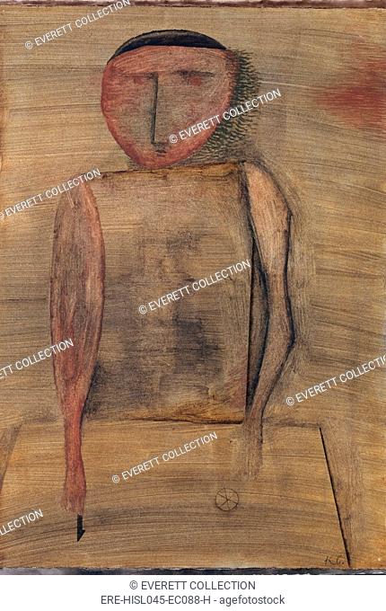 DOCTOR, by Paul Klee, 1930, Swiss drawing, watercolor, gouache, and oil wash on paper. Expressionistically distorted figure with minimal facial features