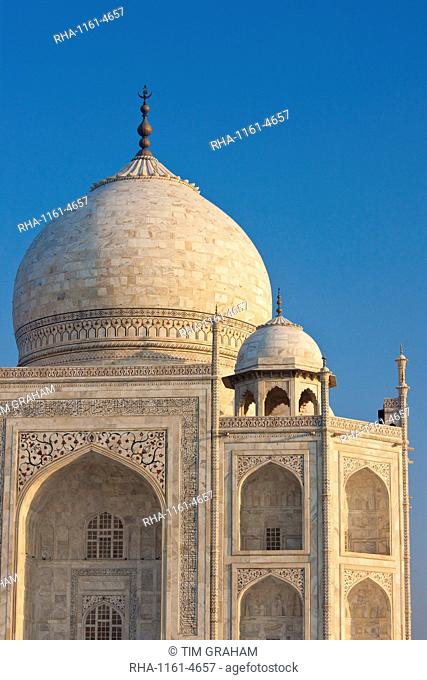 Iwans of The Taj Mahal mausoleum, western view detail diamond facets with bas relief marble, Uttar Pradesh, India