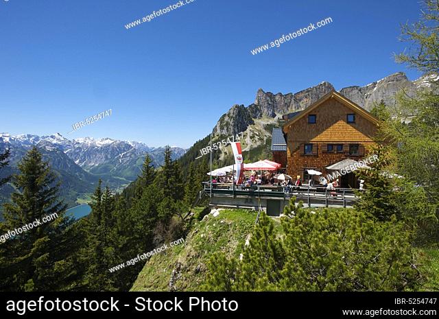 Erfurter Hütte in the Rofan Mountains with a view of Lake Achensee, Tyrol, Austria, Europe