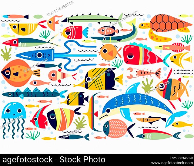 Fish doodle set. Collection of cute different colorful sea ocean river lake animals funny underwater creatures cartoon characters octopus seahorse jellyfish