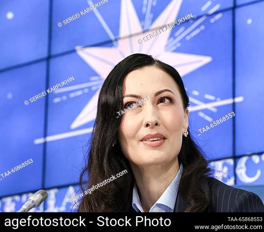 RUSSIA, MOSCOW - DECEMBER 18, 2023: The festival's general producer, Stage 23 theatre salon artistic director Veronika Vyatkina attends a press conference on...