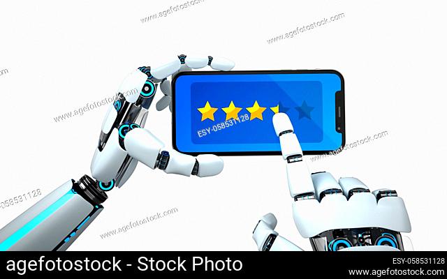 A robot submits a rating to the smartphone. 3d illustration