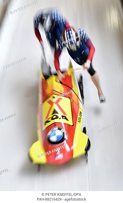 American bobsledders Jamie Greubel Poser (r) and Aja Evans in action at the FIBT World Championship 2017 in Schoenau am Koenigssee, Germany, 18 February 2017