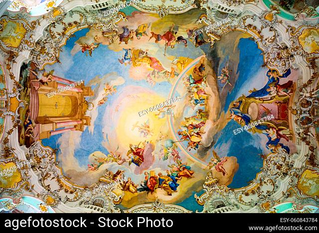 Steingaden, Germany - June 5, 2016: Ceiling of Pilgrimage Church of Wies. It is an oval rococo church, designed in the late 1740s by Dominikus Zimmermann