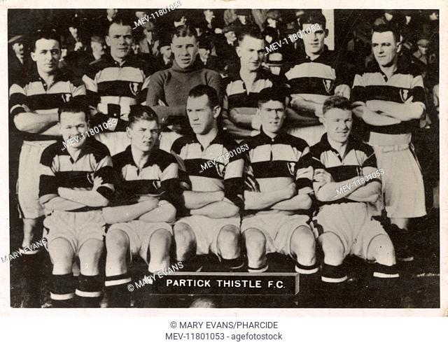 Partick Thistle FC football team 1936. Back row: Calderwood (Captain), Cummings, Johnstone, Elliot, Sutherland, M'Leod. Front row: Regan, M'Kennan, Wylie