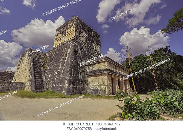 Side view of the Temple of the Jaguar in the archaeological complex of Chichen Itza in Mexico
