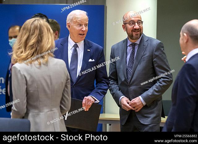US President Joe Biden and European Council President Charles Michel pictured during pictured at the round table at the start of a meeting of European council