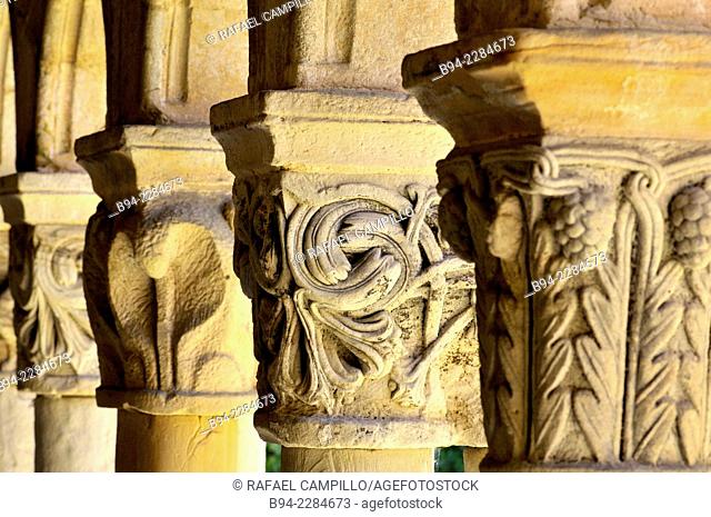 Capitals, cloister of the 12th century collegiate church of Santa Juliana, Declared a National Monument in 1889, Santillana del Mar, Cantabria, Spain