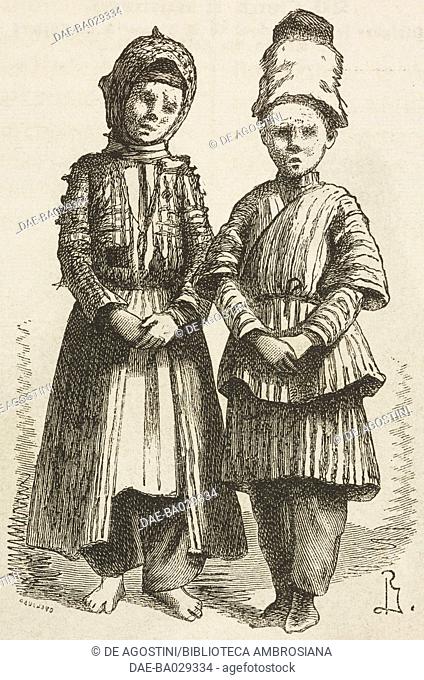 Nogais children, drawing from Travels in the Caucasus by Vasily Vereshchagin (1842-1904), 1864-1865, from Il Giro del mondo (World Tour), Journal of geography