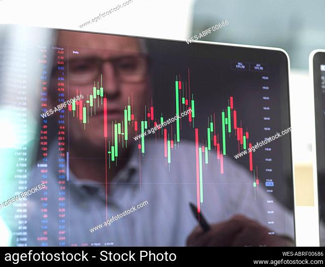 Reflection of a stock trader viewing the performance of a company share price on screen