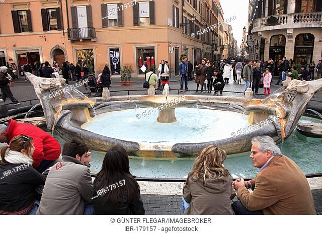 Fountain of the Old Boat, Fontana della Barcaccia in Front of the Spanish steps, Piazza di Spagna, Rome, Italy