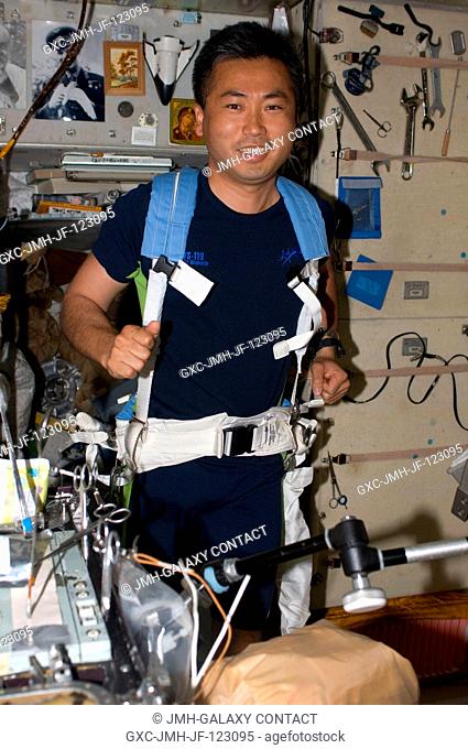 Japan Aerospace Exploration Agency (JAXA) astronaut Koichi Wakata, Expedition 18 flight engineer, equipped with a bungee harness