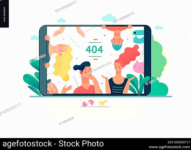Business series, color 1- error 404 -modern flat vector concept illustration of page Error 404 - puzzled people on the tablet screen