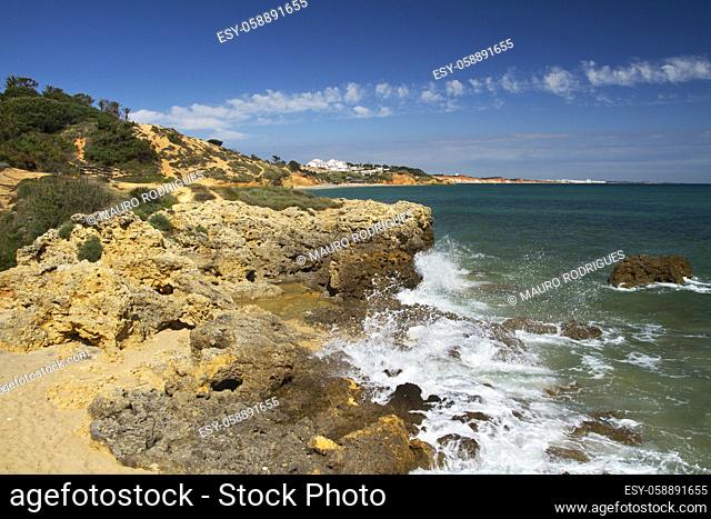 Landscape view of the beautiful coastline near Albufeira city in the Algarve, Portugal