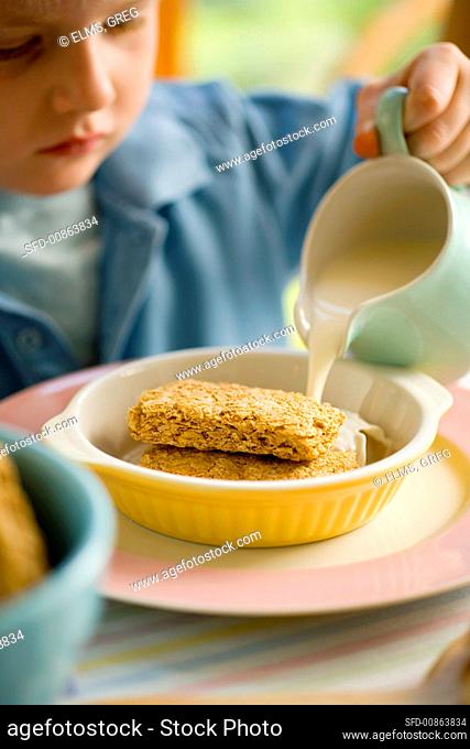 Boy pouring milk over wheat biscuits