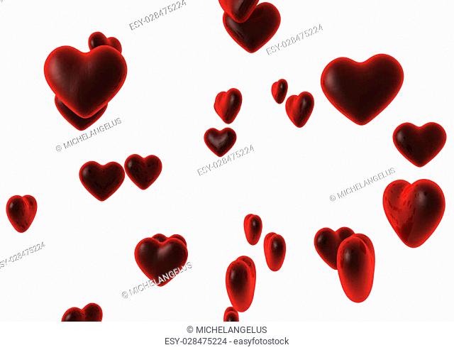 a lot of red shiny hearts on white background