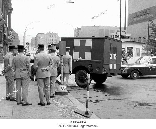 The western allied ambulance service at Berlin Wall to help injured refugees is handed over to the French army by the American army on the 1st of September in...