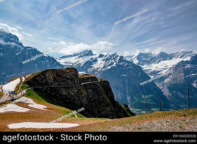 Cliff Walk, a popular viewing platform on the First mountain in Grindelwald, which offers stunning Alpine views, Switzerland - Swiss Alps Mountains