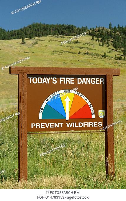 Moiese, MT, Montana, Headquarters National Bison Range, Flathead Indian Reservation, Mission Valley, Todays Fire Danger sign, Prevent Wildfires, High