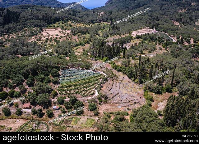 Aerial view of rural area near Vouniatades mountainous village on the Greek island of Corfu