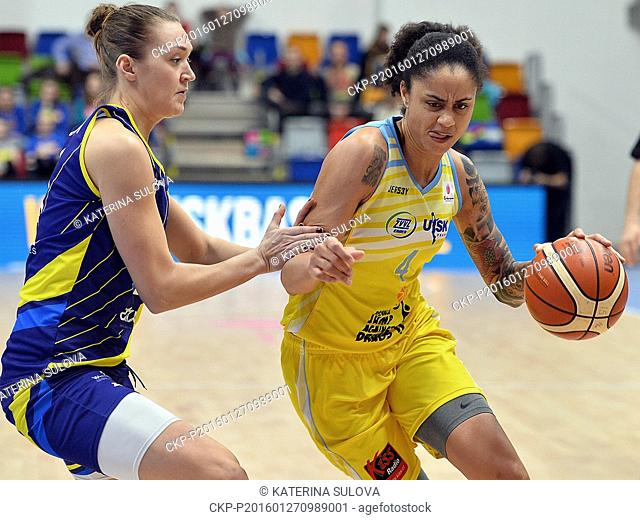 Anastasia Logunova of Baraine, left, and Candice Dupree of USK fight for the ball during the 12th round group B of women's basketball European League in Prague
