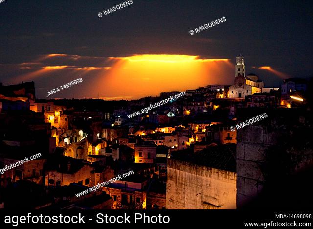 Scenic skyline of Sassi di Matera at night, Italy