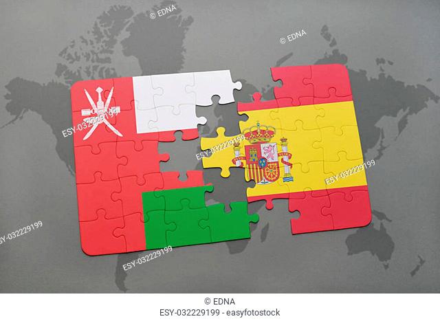 puzzle with the national flag of oman and spain on a world map background. 3D illustration