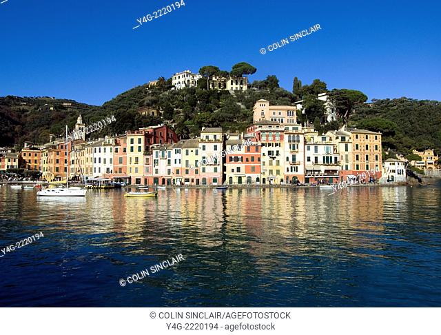 Portofino, Ligurian Coast, Italy, Port, Boats, Colourful homes, Reflections in Sea, Backdrop hillsides with pines and beautiful houses, Horizontal, Blue sky