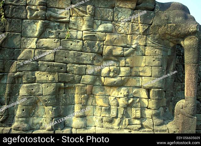 figures at the Temple Terrace of Elephants in the Temple City of Angkor near the City of Siem Reap in the west of Cambodia