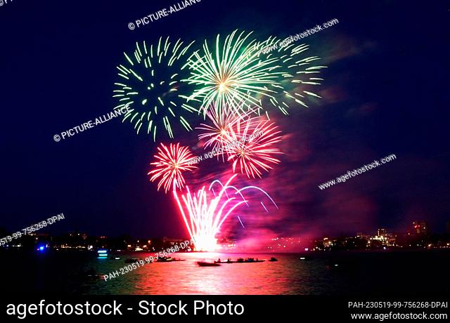 19 May 2023, Hamburg: Fireworks are set off on the occasion of the Japanese Cherry Blossom Festival on the Outer Alster. The Cherry Blossom Festival honors the...