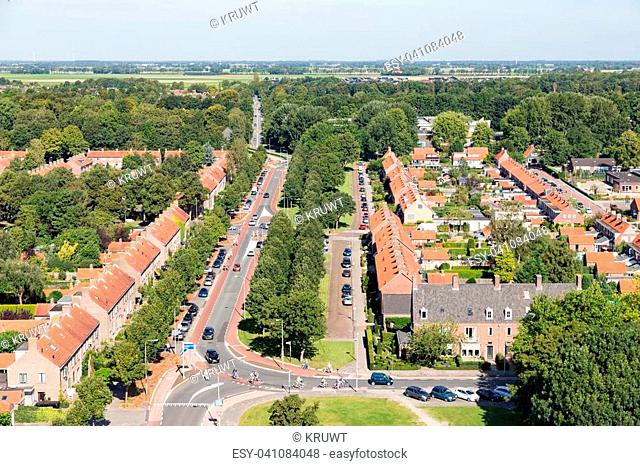 Aerial view family houses in residential area of Emmeloord, The Netherlands