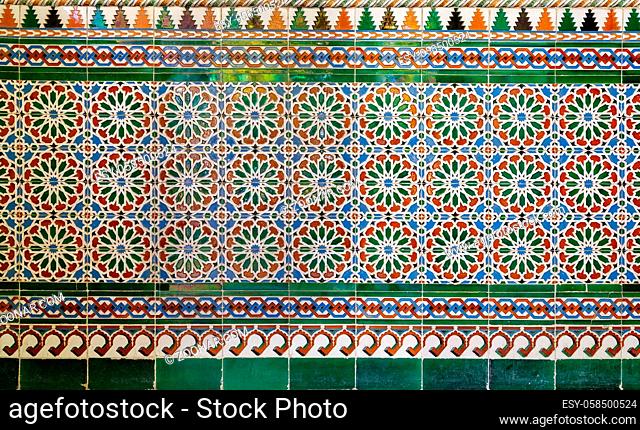 Wall with Ottoman style glazed ceramic tiles decorated with floral ornamentations manufactured in Iznik, Cairo, Egypt