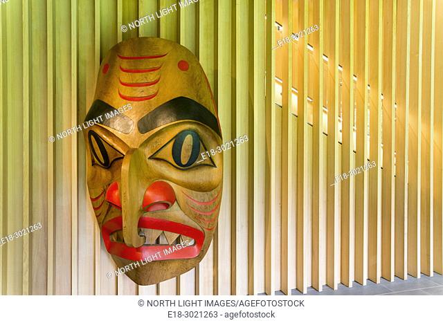 Canada, BC, Whistler. Dogfish mask by Haida artist, Robert Davidson at the entrance of the Audain Gallery