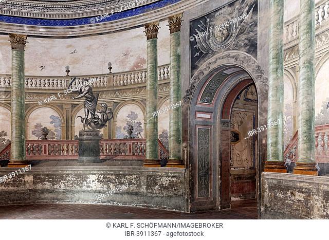 Wall with baroque frescoes, entrance hall of Villa Palagonia, Bagheria, Province of Palermo, Sicily, Italy