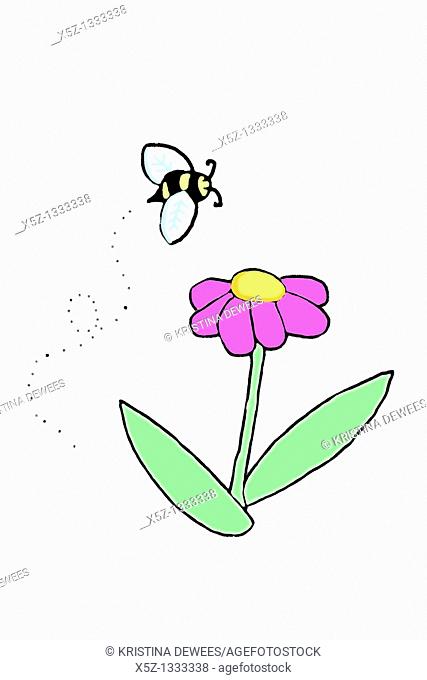 A drawing of a bee about to land on a pink flower