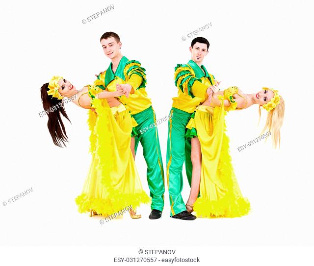 Sexy carnival dancers posing against isolated white background