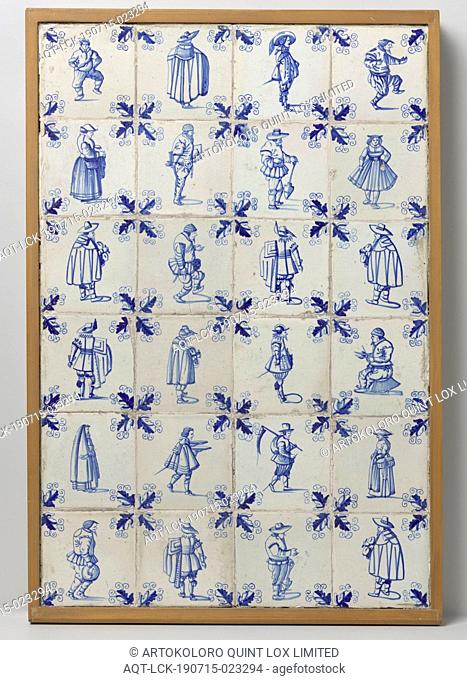 40 Tiles, 40 tiles with a blue painted figure with an oak leaf in the corners., anonymous, Netherlands, 1620 - 1650, earthenware, tin glaze, h 12