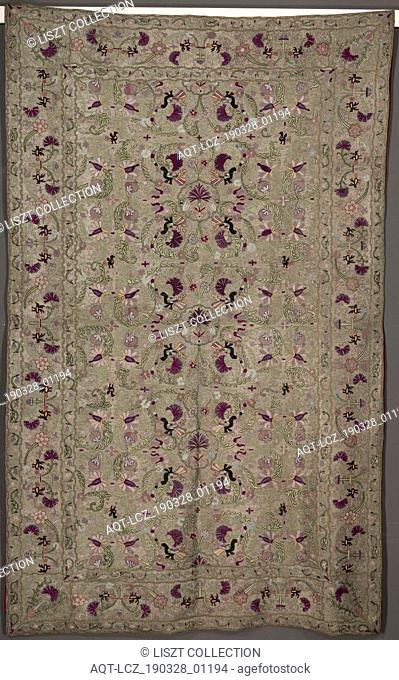 Coverlet, 1800s. India, 19th century. Embroidery; silk and gold filé on linen; overall: 289.6 x 182.3 cm (114 x 71 3/4 in.)