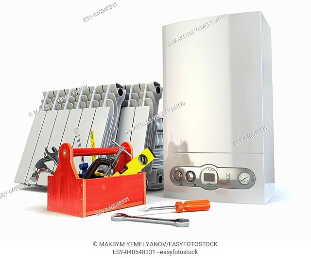 Heating system servicing or repearing concept. Gas boiler, radiators and toolbox with tools on the kitchen. 3d illustration