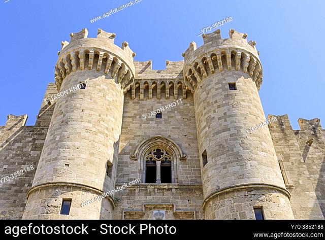 Twin turreted towers of the Palace of the Grand Masters, Rhodes Old Town, Rhodes Island, Dodecanese, Greece