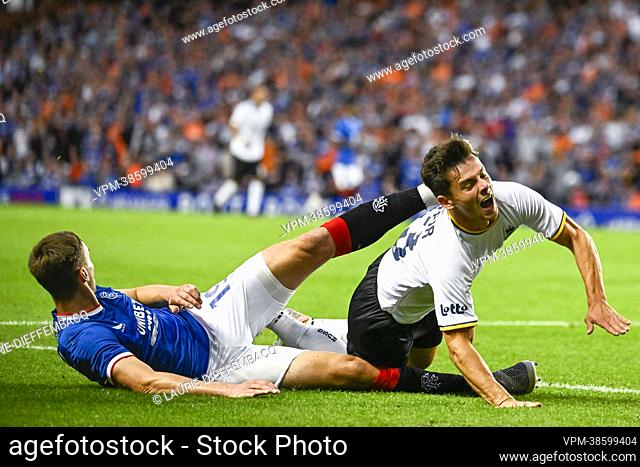 Rangers' James Sands and Union's Dante Vanzeir fight for the ball during a match between Scottish Rangers FC and Belgian soccer team Royale Union Saint-Gilloise