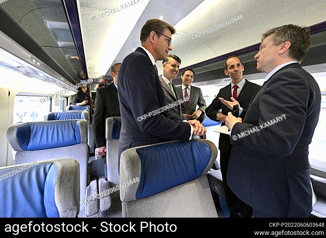 L-R Czech Transport Minister Martin Kupka, CEO of Czech Railway Administration and French ambassador in Prague Alexis Dutertre attend arrival of France's...