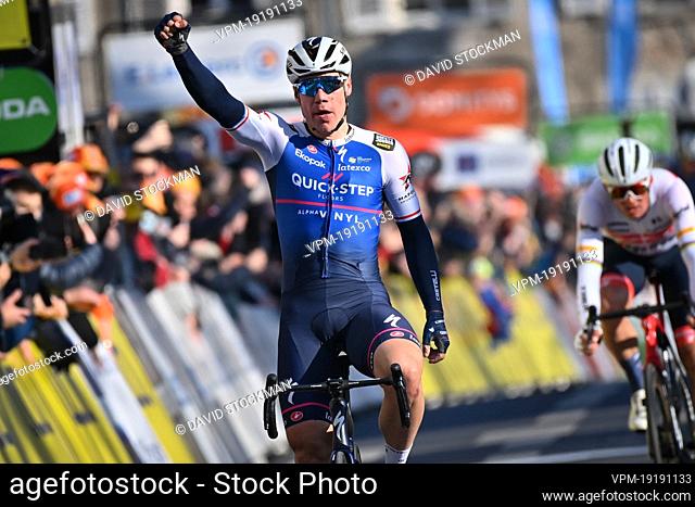 Dutch Fabio Jakobsen of Quick-Step Alpha Vinyl celebrates as he crosses the finish line to win the second stage of 80th edition of the Paris-Nice eight day...