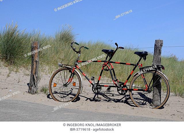 Tandem leaning against a fence in the dunes, Heiligenhafen, Schleswig-Holstein, Germany