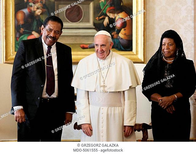 Pope Francis (Jorge Mario Bergoglio) in private audience with with the President of the Commonwealth of Dominica Charles Savarin and his wife in the Private...