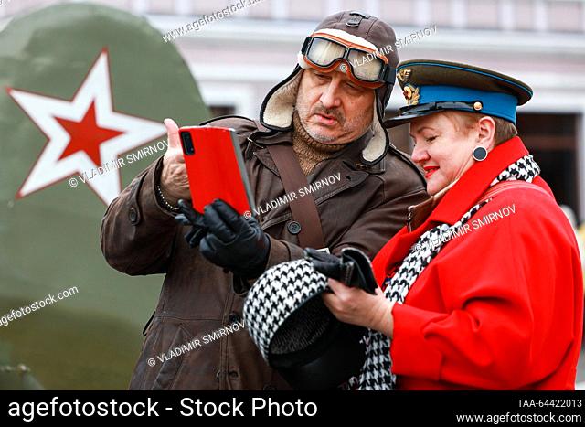 RUSSIA, MOSCOW - NOVEMBER 5, 2023: Visitors at in an open-air museum in Red Square; the museum opened to mark the 82th anniversary of the historical 7 November...